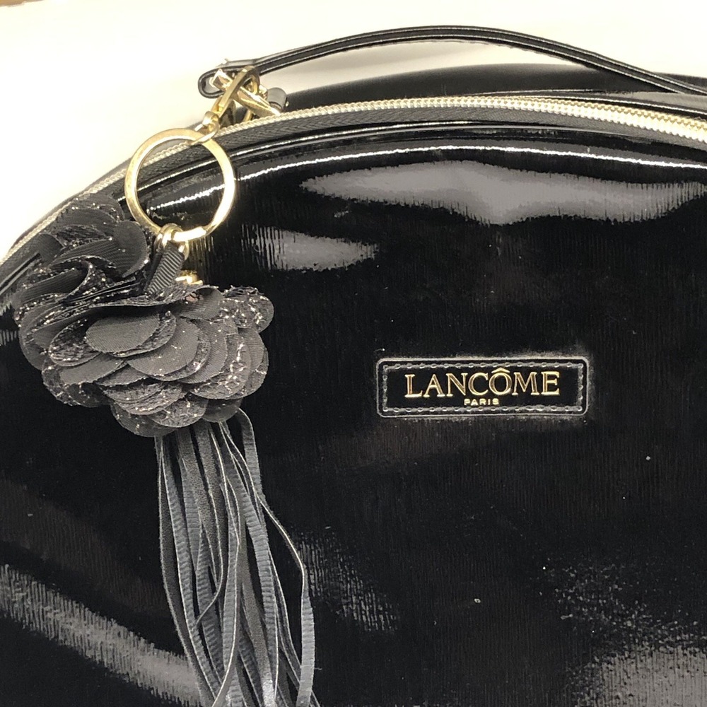 Lancome Large Shiny Black Oval Train Case Cosmetic Bag Gold Zipper Tassel Handle - Picture 2 of 12